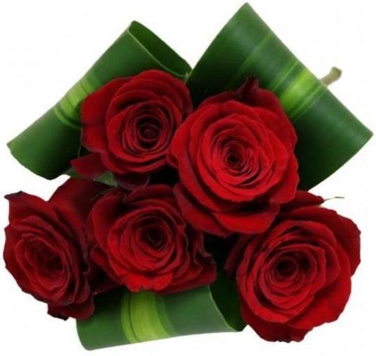 Five Roses with Aspidistra Leaves Bouquet
